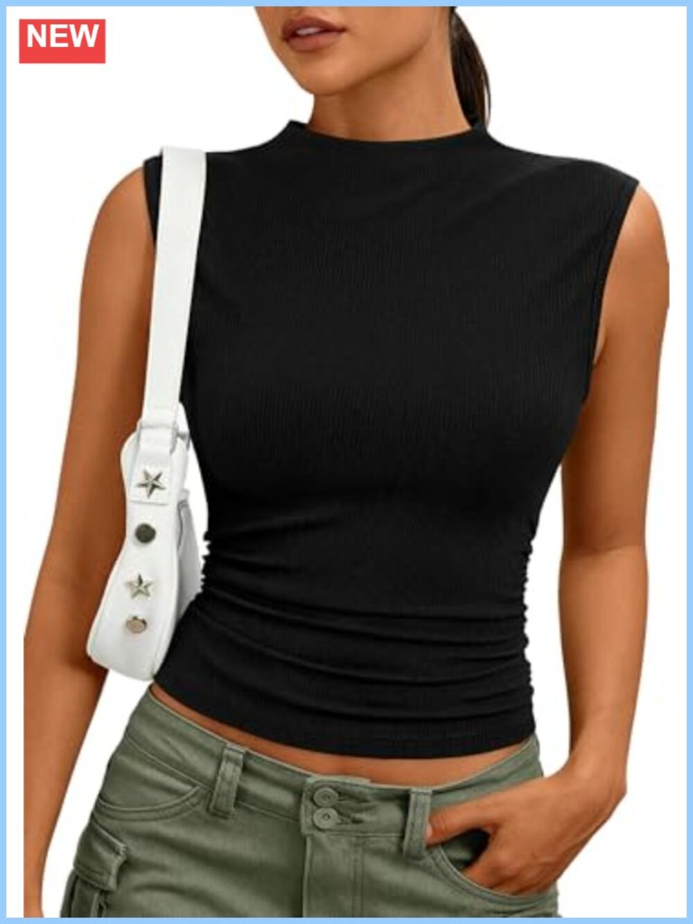 Sleeveless Mock Neck Ribbed Knit Tank Top Slim Fit Women's